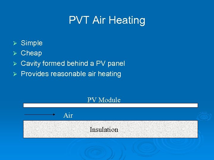 PVT Air Heating Simple Ø Cheap Ø Cavity formed behind a PV panel Ø