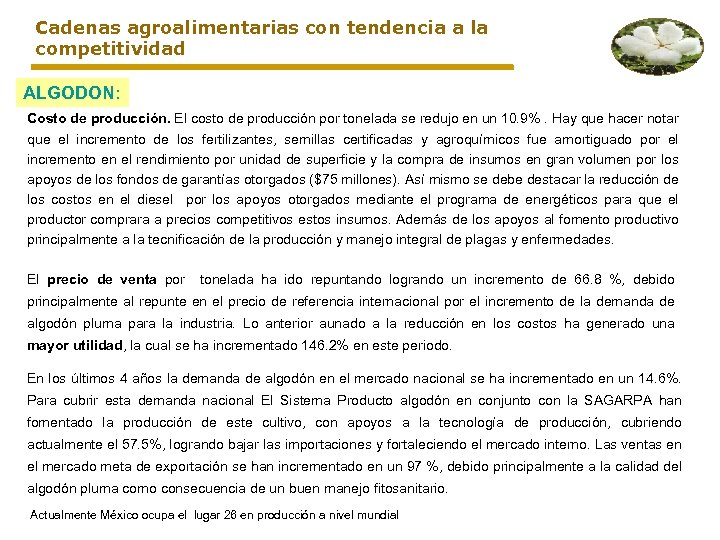 Cadenas agroalimentarias con tendencia a la competitividad ALGODON: Costo de producción. El costo de