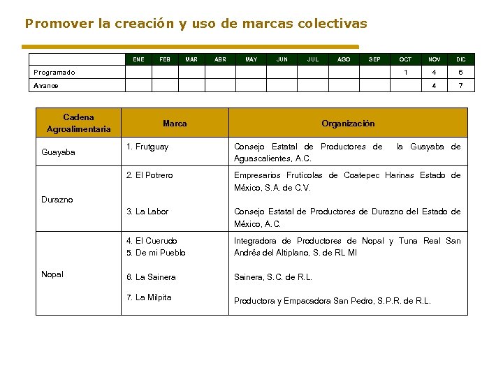 Promover la creación y uso de marcas colectivas ENE Programado FEB MAR ABR MAY