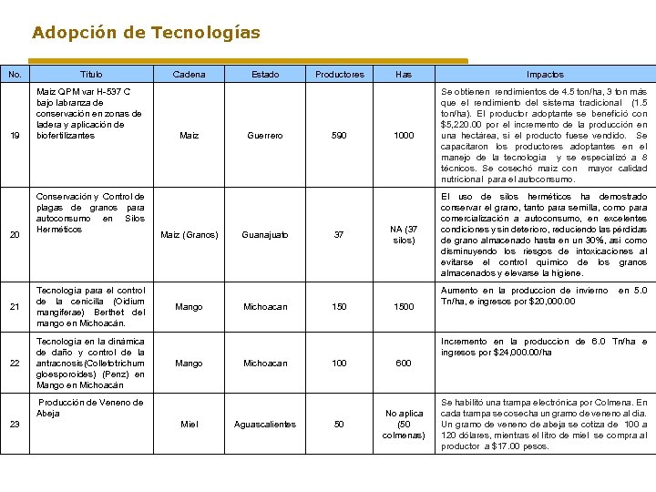 Adopción de Tecnologías No. Titulo 19 Maíz QPM var H-537 C bajo labranza de