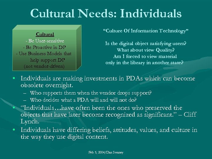 Cultural Needs: Individuals Cultural - Be User-sensitive - Be Proactive in DP - Use