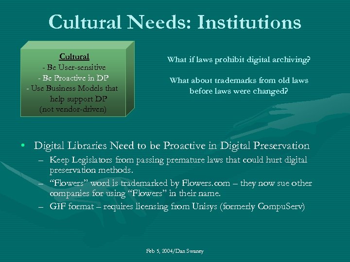 Cultural Needs: Institutions Cultural - Be User-sensitive - Be Proactive in DP - Use