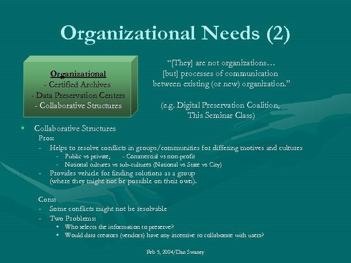 Organizational Needs (2) Organizational - Certified Archives - Data Preservation Centers - Collaborative Structures