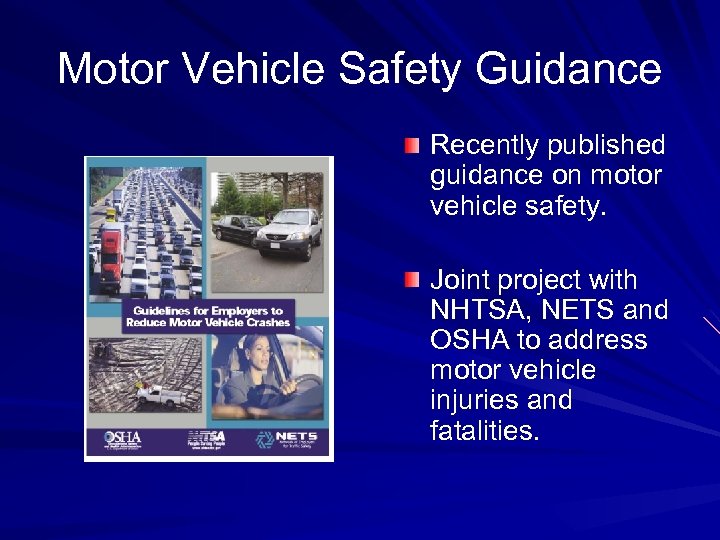 Motor Vehicle Safety Guidance Recently published guidance on motor vehicle safety. Joint project with