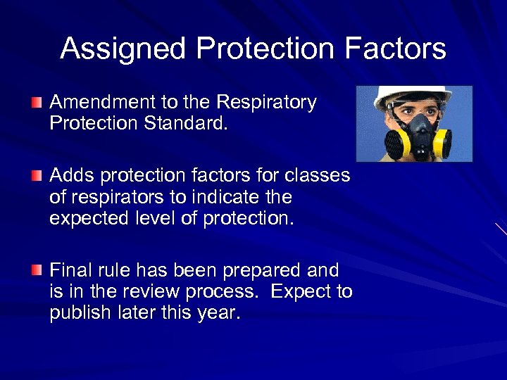 Assigned Protection Factors Amendment to the Respiratory Protection Standard. Adds protection factors for classes