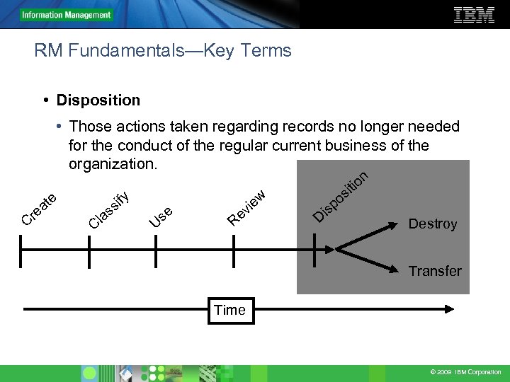 RM Fundamentals—Key Terms • Disposition • Those actions taken regarding records no longer needed