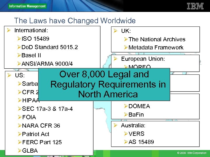 The Laws have Changed Worldwide Ø International: ØISO 15489 ØDo. D Standard 5015. 2