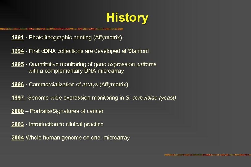 History 1991 - Photolithographic printing (Affymetrix) 1994 - First c. DNA collections are developed