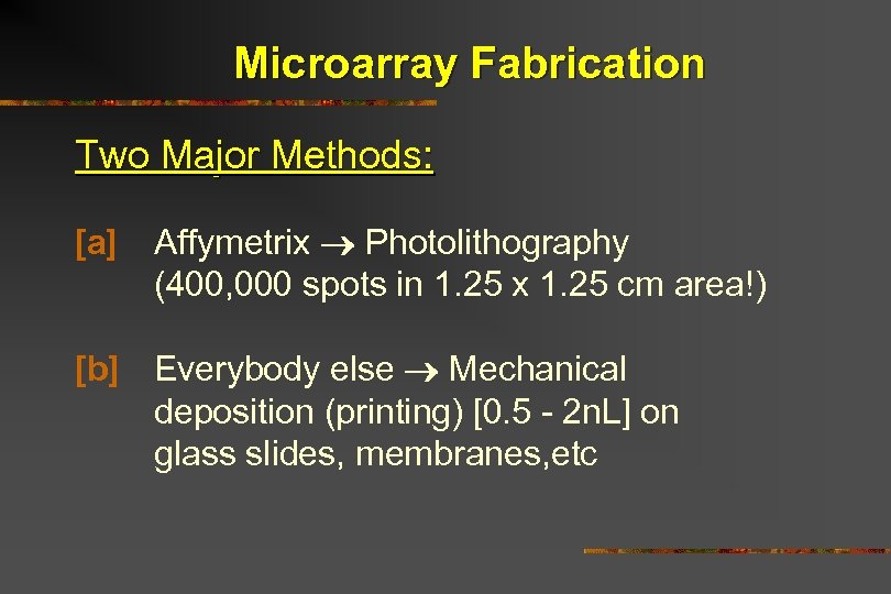 Microarray Fabrication Two Major Methods: [a] Affymetrix Photolithography (400, 000 spots in 1. 25