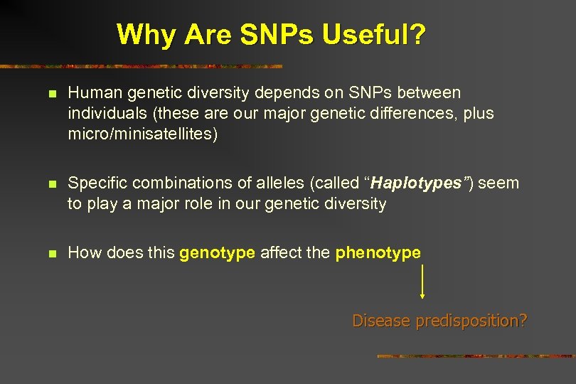 Why Are SNPs Useful? n Human genetic diversity depends on SNPs between individuals (these