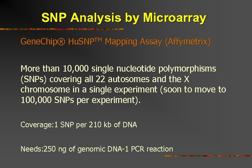 SNP Analysis by Microarray Gene. Chip® Hu. SNPTM Mapping Assay (Affymetrix) More than 10,