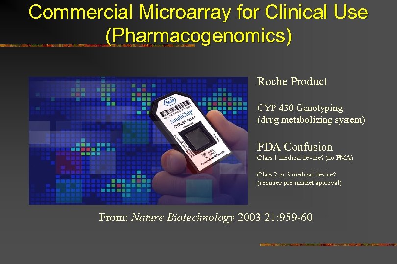 Commercial Microarray for Clinical Use (Pharmacogenomics) Roche Product CYP 450 Genotyping (drug metabolizing system)