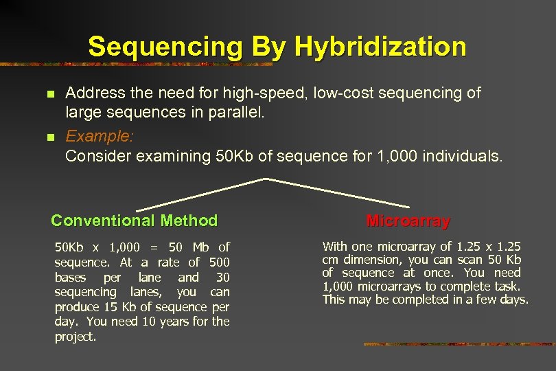 Sequencing By Hybridization n n Address the need for high-speed, low-cost sequencing of large