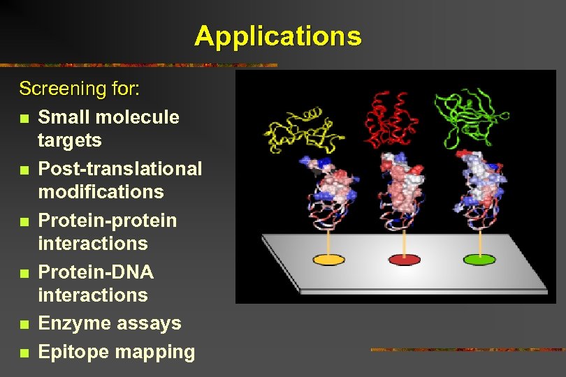 Applications Screening for: n Small molecule targets n Post-translational modifications n Protein-protein interactions n