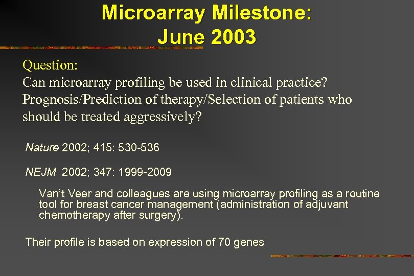 Microarray Milestone: June 2003 Question: Can microarray profiling be used in clinical practice? Prognosis/Prediction