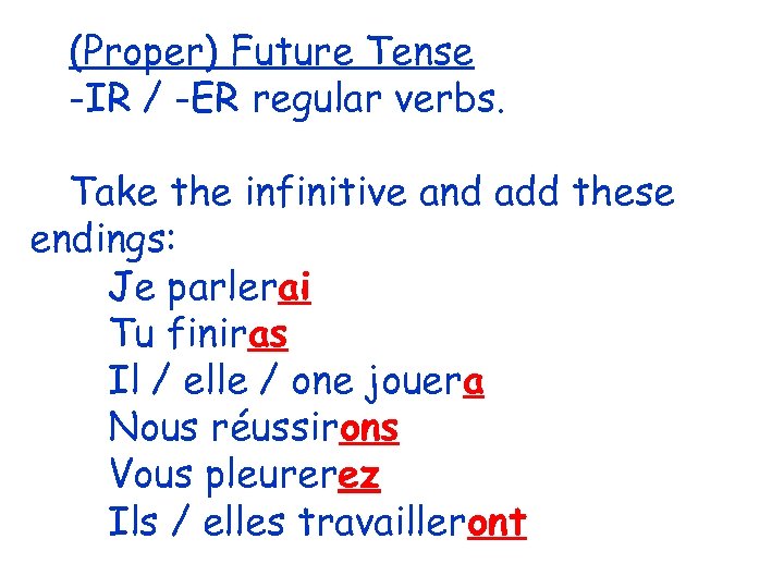 (Proper) Future Tense -IR / -ER regular verbs. Take the infinitive and add these