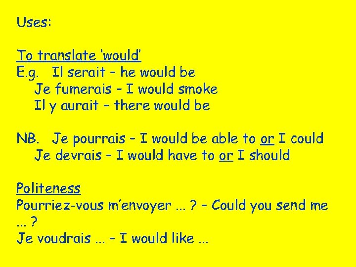 Uses: To translate ‘would’ E. g. Il serait – he would be Je fumerais