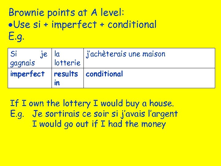 Brownie points at A level: Use si + imperfect + conditional E. g. Si