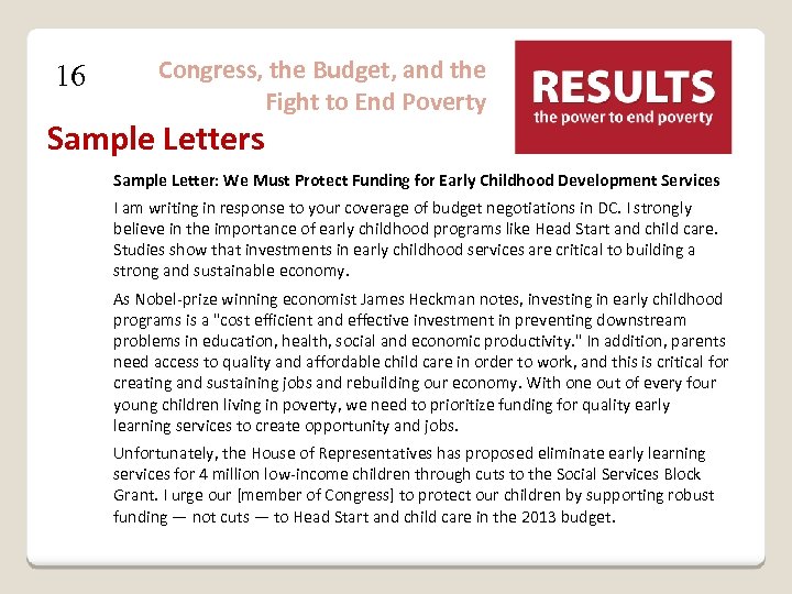 16 Congress, the Budget, and the Fight to End Poverty Sample Letters Sample Letter:
