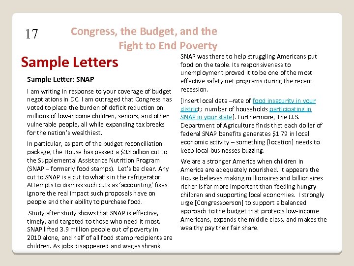 17 Congress, the Budget, and the Fight to End Poverty Sample Letters Sample Letter: