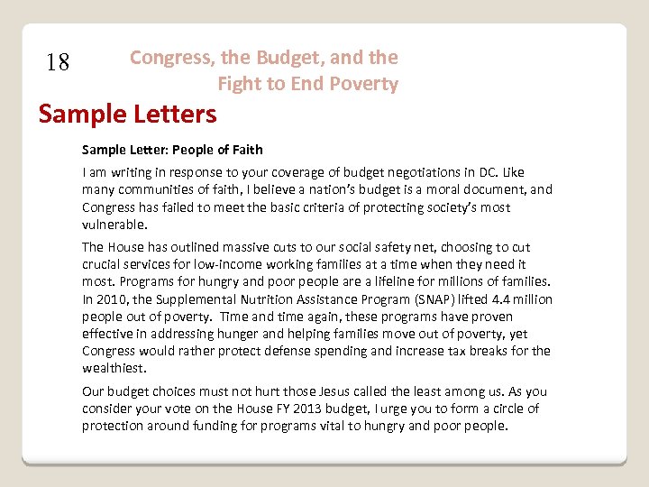 18 Congress, the Budget, and the Fight to End Poverty Sample Letters Sample Letter: