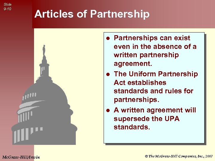 Slide 9 -10 Articles of Partnerships can exist even in the absence of a