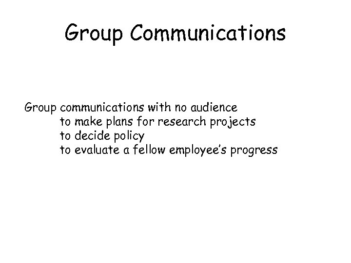 Group Communications Group communications with no audience to make plans for research projects to
