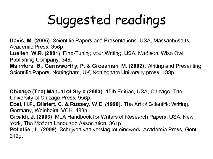 Suggested readings Davis, M. (2005). Scientific Papers and Presentations. USA, Massachusetts, Academic Press, 356