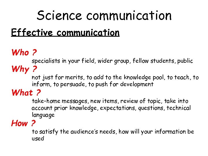 Science communication Effective communication Who ? specialists in your field, wider group, fellow students,