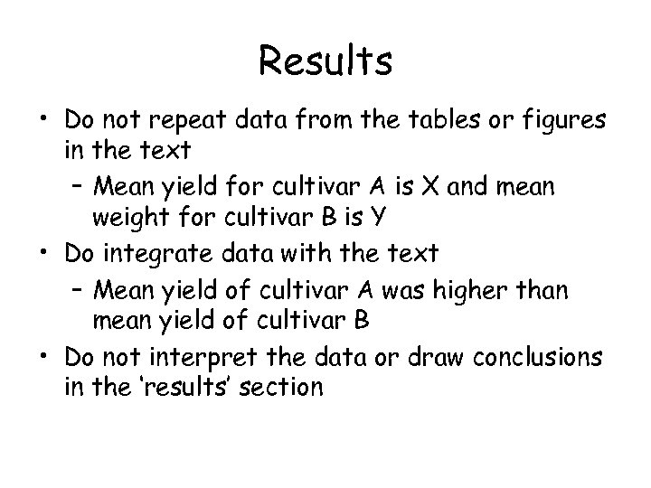 Results • Do not repeat data from the tables or figures in the text