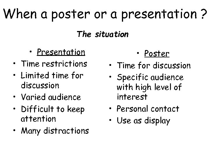 When a poster or a presentation ? The situation • • • Presentation Time