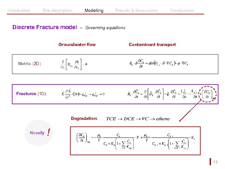 Introduction Site description Discrete Fracture model Modelling Results & discussions Conclusions – Governing equations