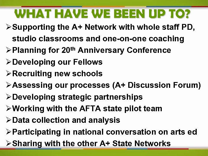WHAT HAVE WE BEEN UP TO? ØSupporting the A+ Network with whole staff PD,