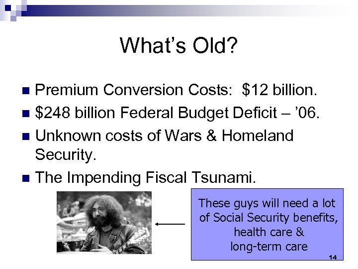 What’s Old? Premium Conversion Costs: $12 billion. n $248 billion Federal Budget Deficit –