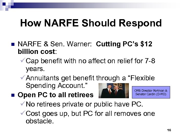 How NARFE Should Respond n n NARFE & Sen. Warner: Cutting PC’s $12 billion