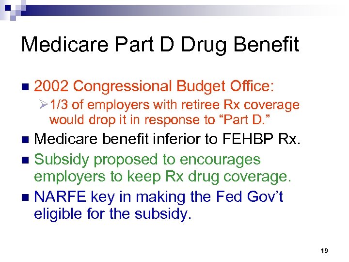 Medicare Part D Drug Benefit n 2002 Congressional Budget Office: Ø 1/3 of employers