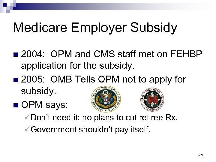 Medicare Employer Subsidy 2004: OPM and CMS staff met on FEHBP application for the