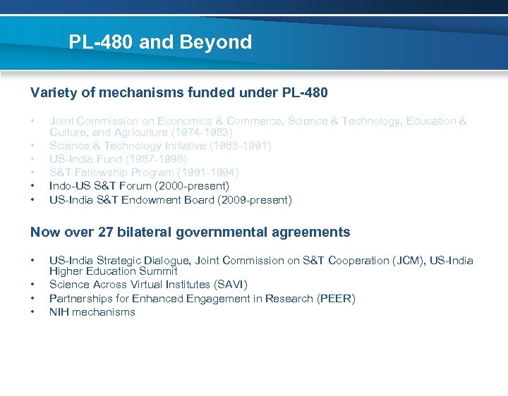 PL-480 and Beyond Variety of mechanisms funded under PL-480 • • • Joint Commission
