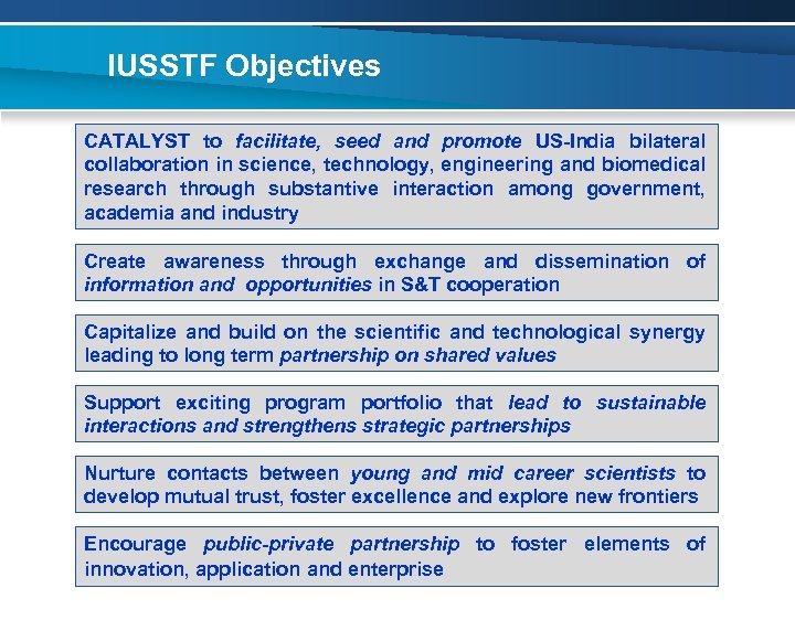 IUSSTF Objectives CATALYST to facilitate, seed and promote US-India bilateral collaboration in science, technology,