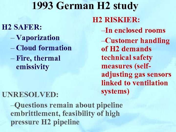 1993 German H 2 study H 2 SAFER: – Vaporization – Cloud formation –