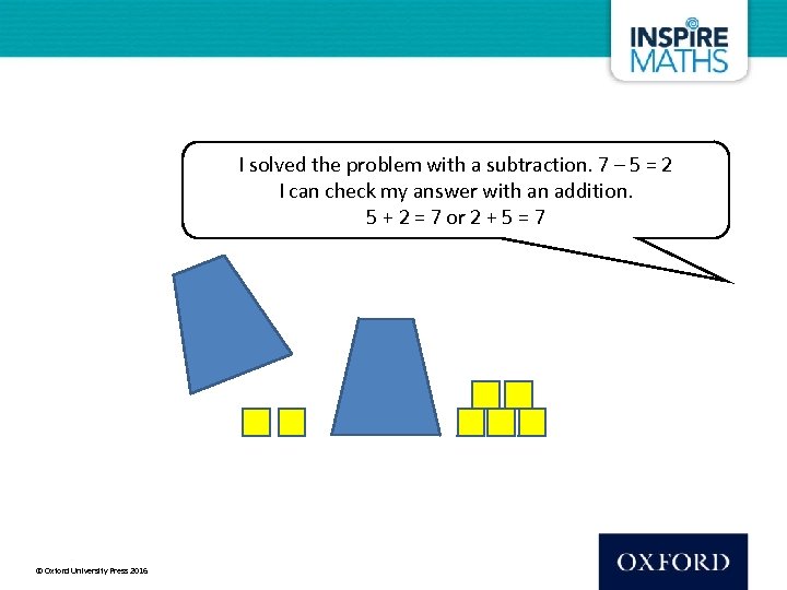 I solved the problem with a subtraction. 7 – 5 = 2 I can