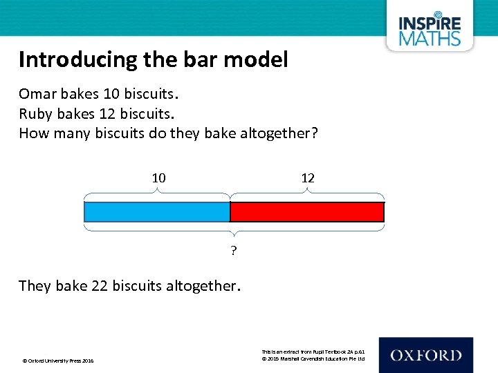 Introducing the bar model Omar bakes 10 biscuits. Ruby bakes 12 biscuits. How many
