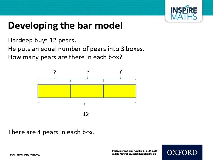 Developing the bar model Hardeep buys 12 pears. He puts an equal number of