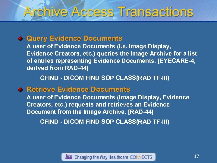 Archive Access Transactions Query Evidence Documents A user of Evidence Documents (i. e. Image