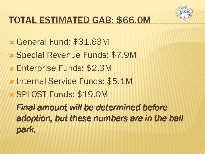 TOTAL ESTIMATED GAB: $66. 0 M General Fund: $31. 63 M Special Revenue Funds: