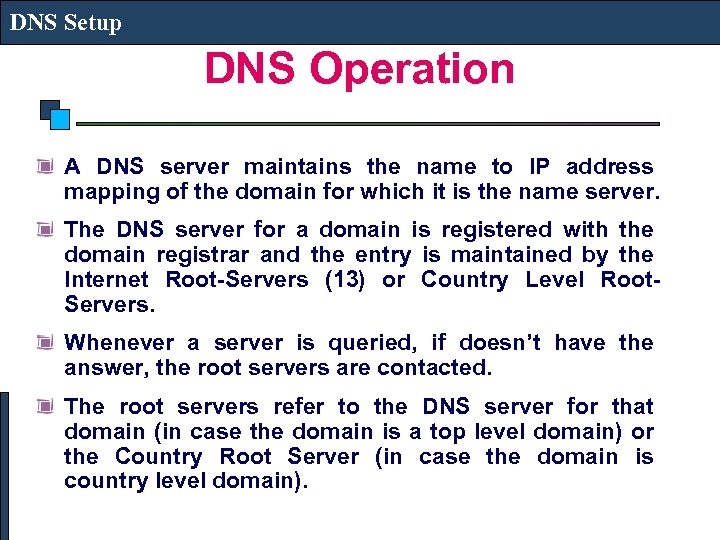 DNS Setup DNS Operation A DNS server maintains the name to IP address mapping