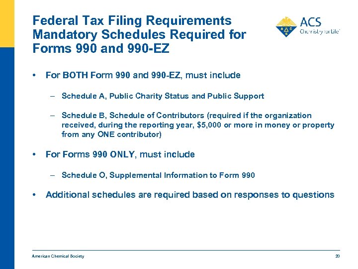 Federal Tax Filing Requirements Mandatory Schedules Required for Forms 990 and 990 -EZ •