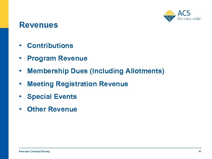 Revenues • Contributions • Program Revenue • Membership Dues (Including Allotments) • Meeting Registration