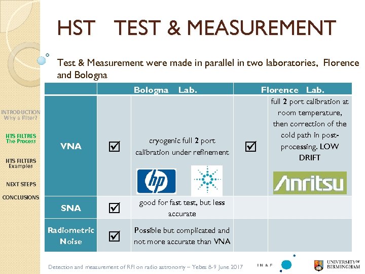 HST TEST & MEASUREMENT Test & Measurement were made in parallel in two laboratories,