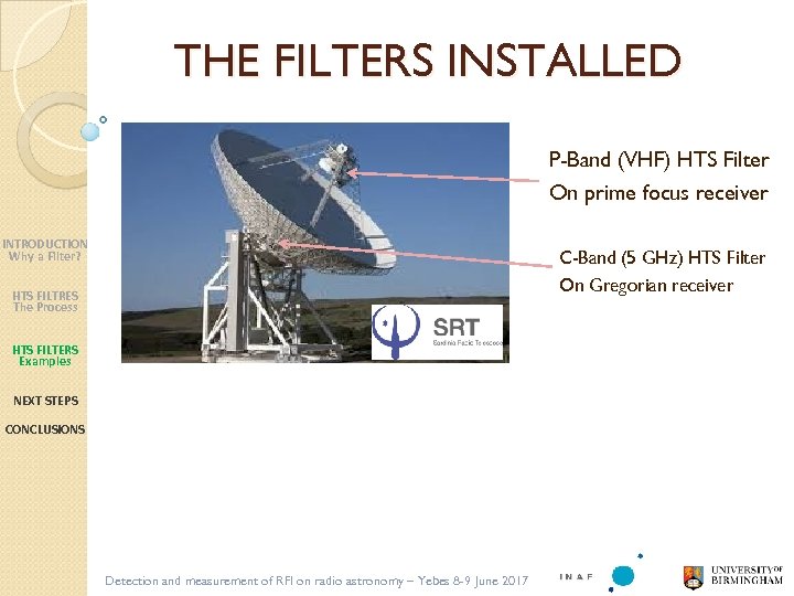 THE FILTERS INSTALLED P-Band (VHF) HTS Filter On prime focus receiver INTRODUCTION Why a